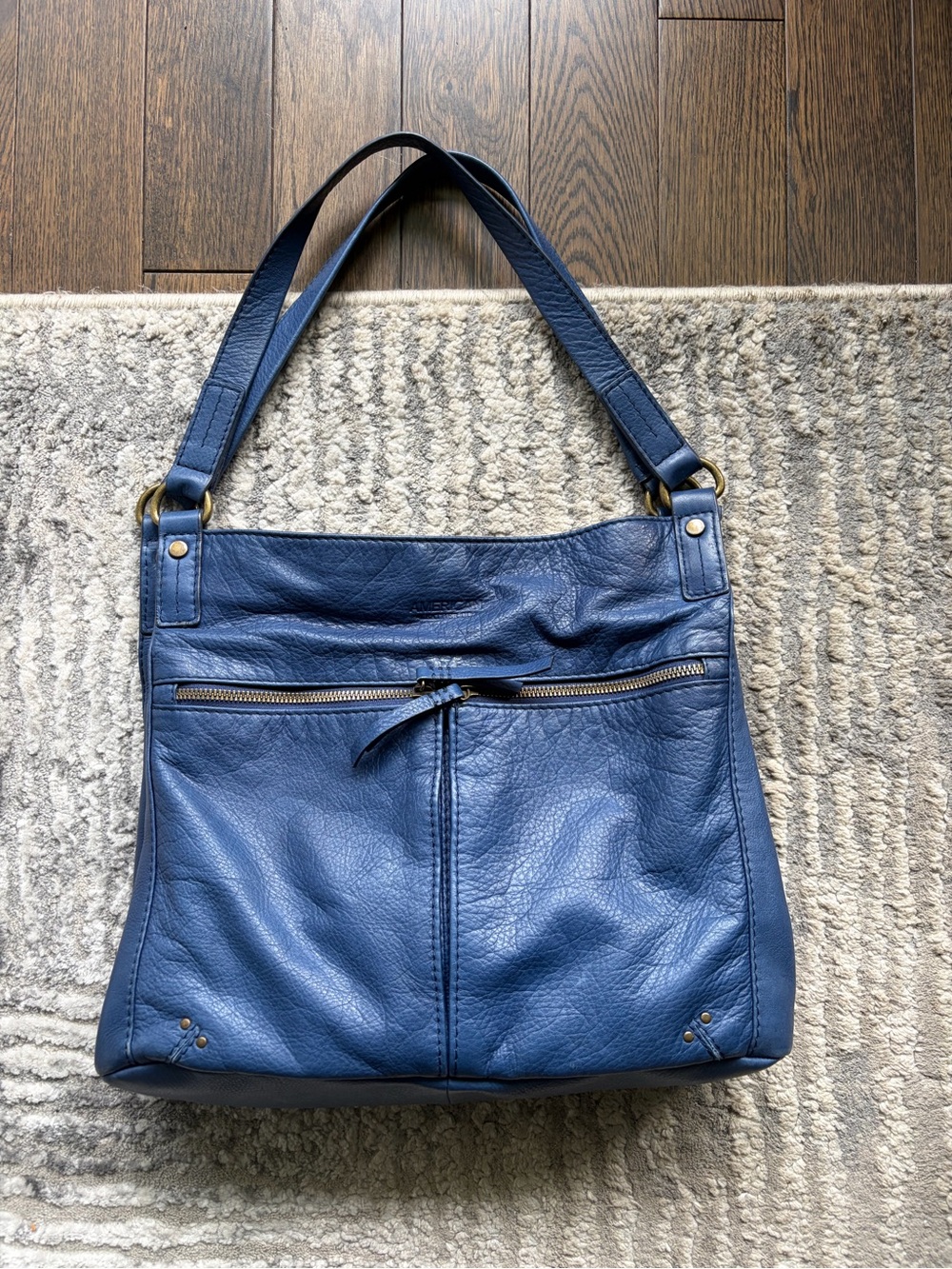 Pebbled Navy Leather Shoulder Bag with Front Zip Pocket